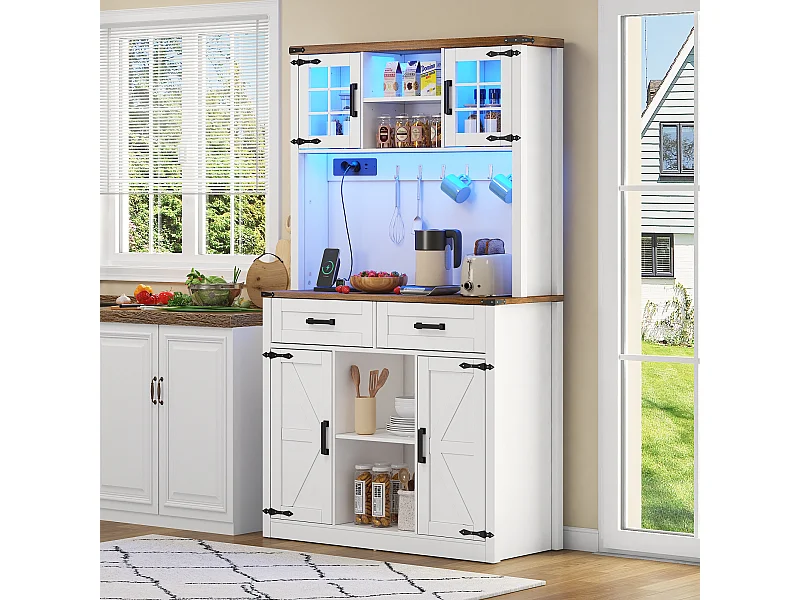 Buffet-bar avec LED et prises – Grand meuble de cuisine avec 2 tiroirs, portes style grange, étagères réglables – Bar rustique blanc
