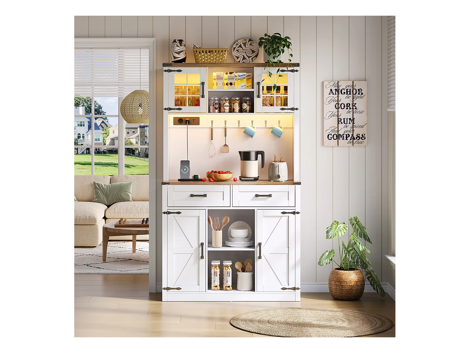 Buffet-bar avec LED et prises – Grand meuble de cuisine avec 2 tiroirs, portes style grange, étagères réglables – Bar rustique blanc