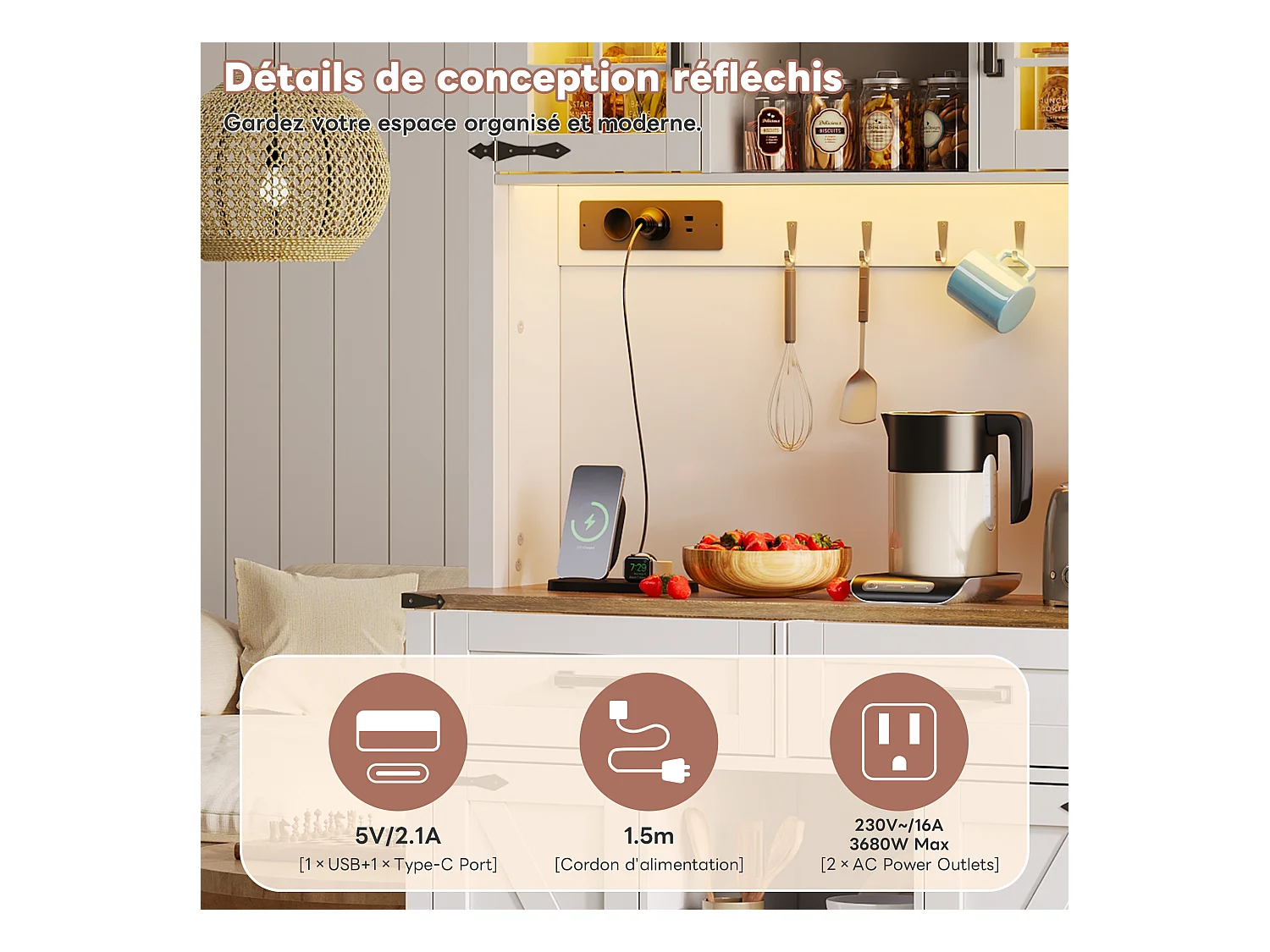 Buffet-bar avec LED et prises – Grand meuble de cuisine avec 2 tiroirs, portes style grange, étagères réglables – Bar rustique blanc