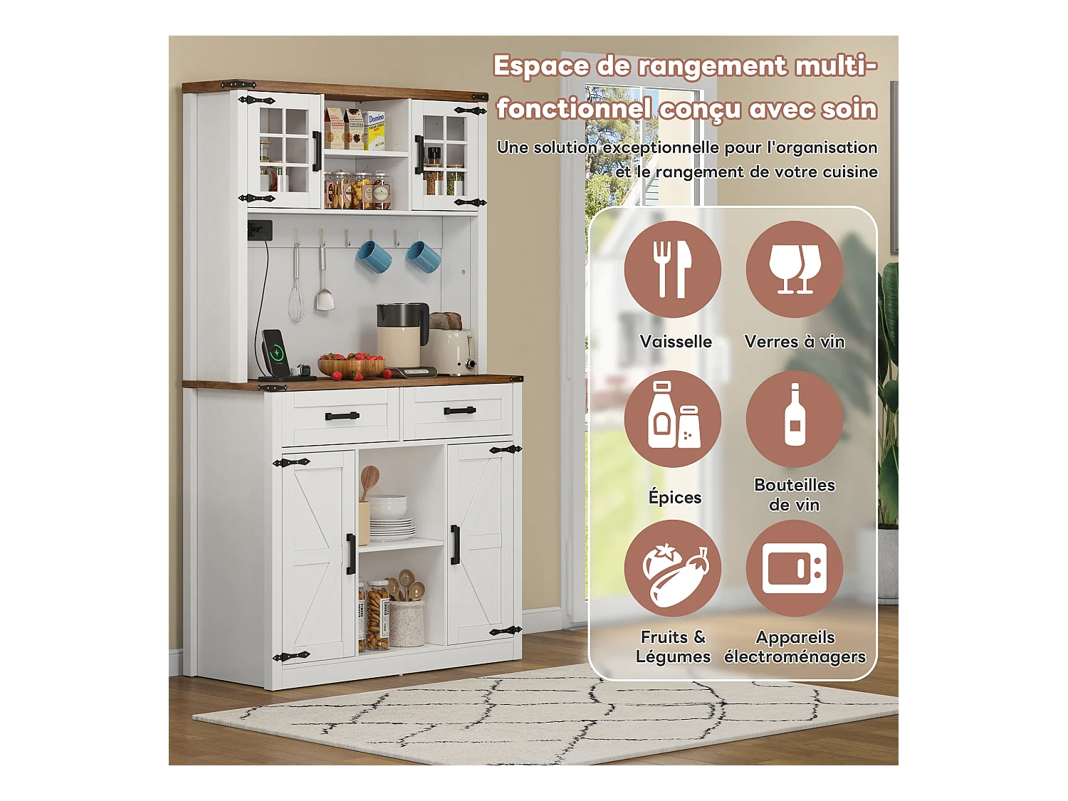 Buffet-bar avec LED et prises – Grand meuble de cuisine avec 2 tiroirs, portes style grange, étagères réglables – Bar rustique blanc