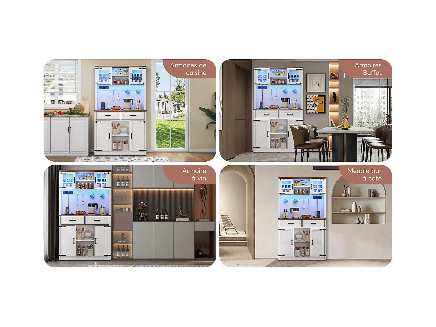 Buffet-bar avec LED et prises – Grand meuble de cuisine avec 2 tiroirs, portes style grange, étagères réglables – Bar rustique blanc