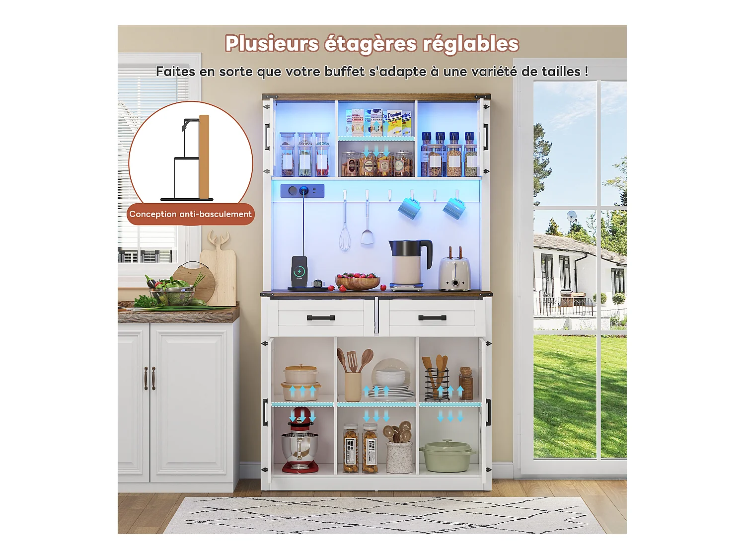 Buffet-bar avec LED et prises – Grand meuble de cuisine avec 2 tiroirs, portes style grange, étagères réglables – Bar rustique blanc