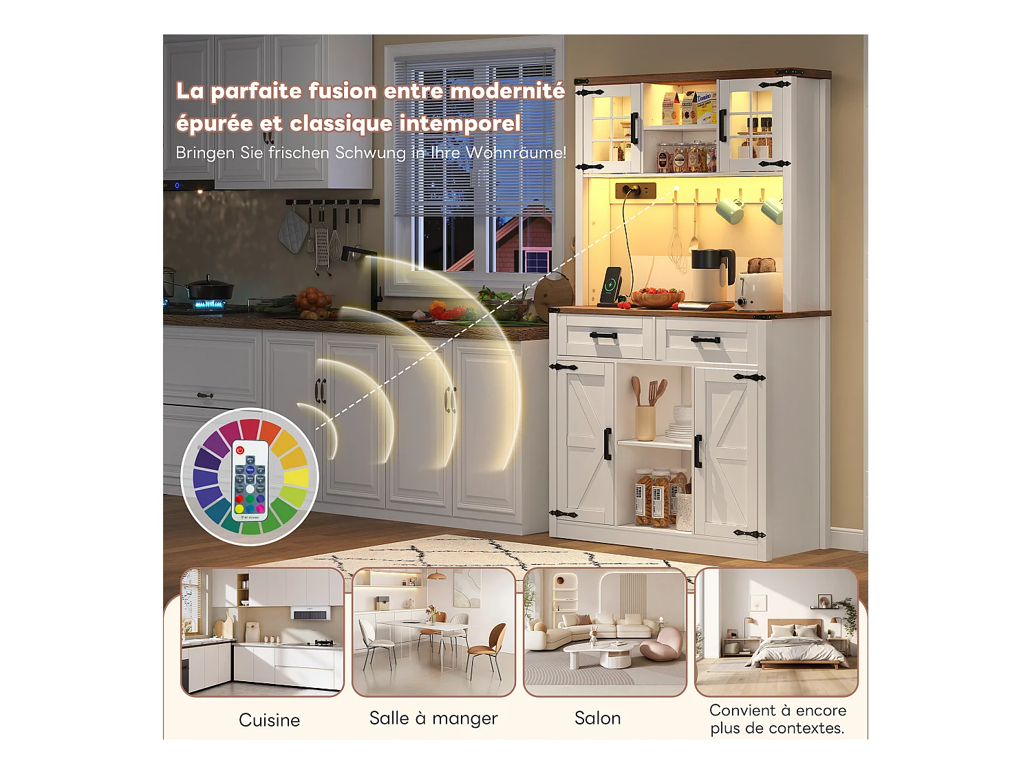 Buffet-bar avec LED et prises – Grand meuble de cuisine avec 2 tiroirs, portes style grange, étagères réglables – Bar rustique blanc