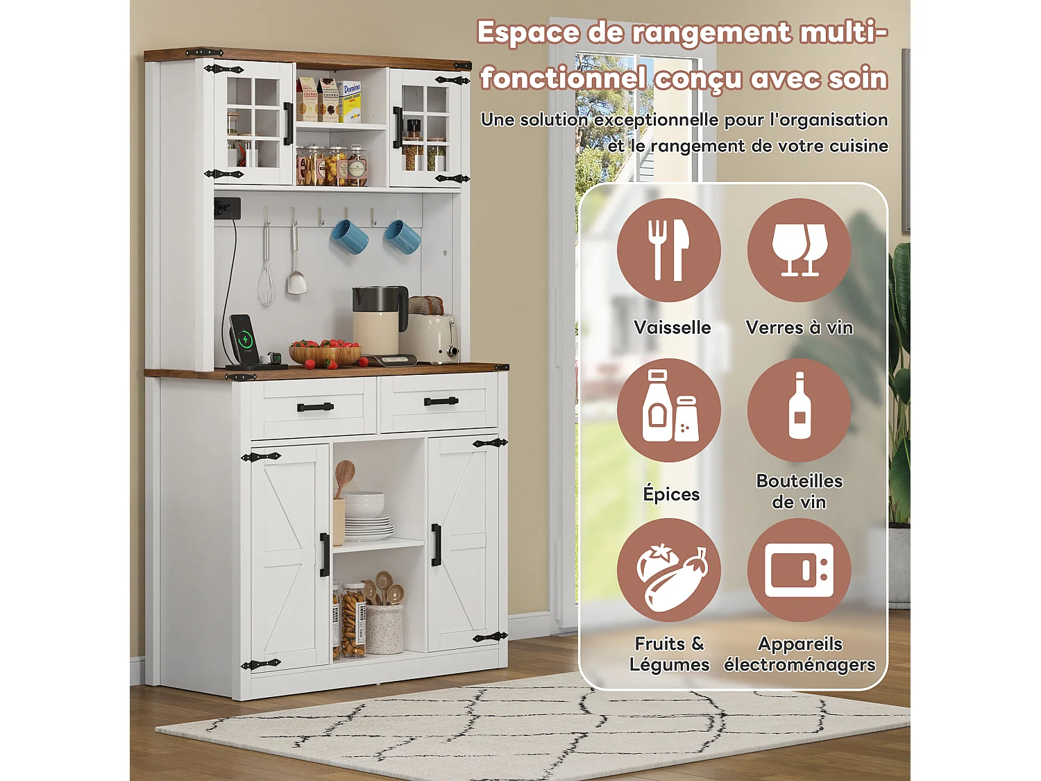 Buffet-bar avec LED et prises – Grand meuble de cuisine avec 2 tiroirs, portes style grange, étagères réglables – Bar rustique blanc