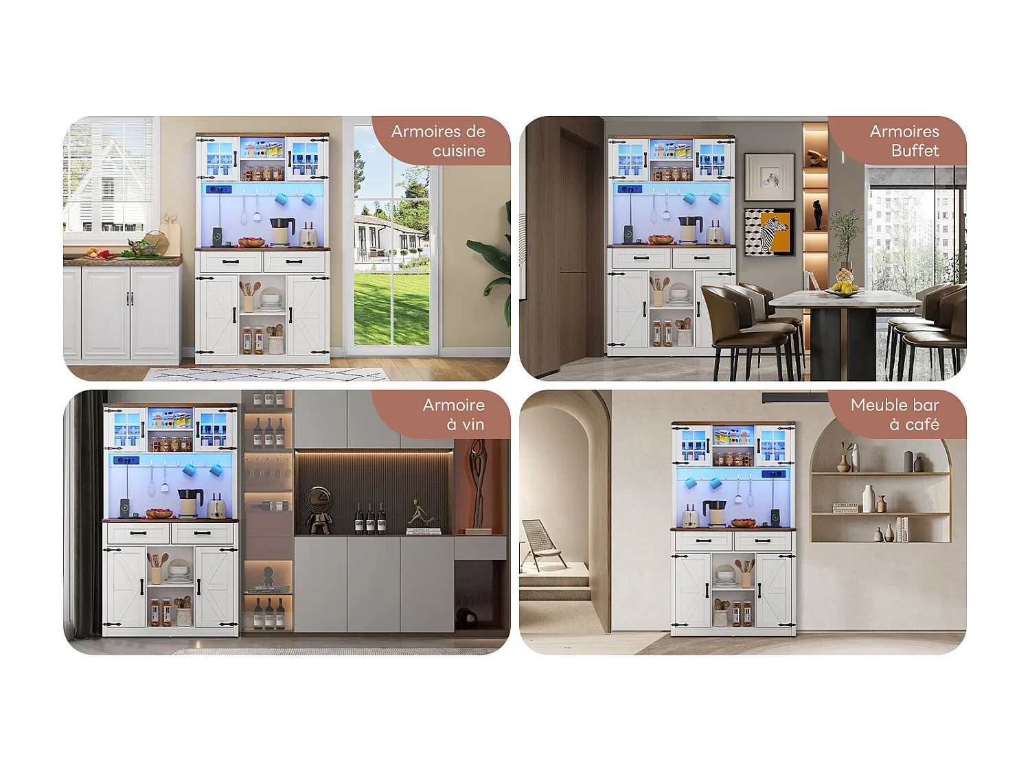 Buffet-bar avec LED et prises – Grand meuble de cuisine avec 2 tiroirs, portes style grange, étagères réglables – Bar rustique blanc