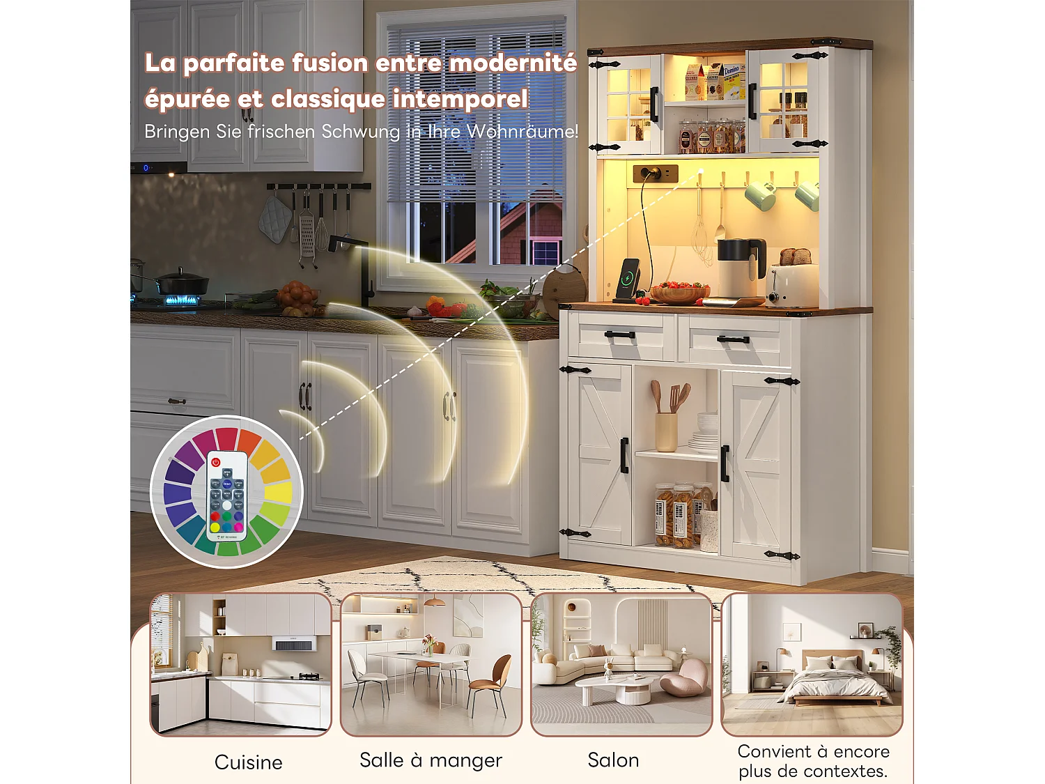 Buffet-bar avec LED et prises – Grand meuble de cuisine avec 2 tiroirs, portes style grange, étagères réglables – Bar rustique blanc