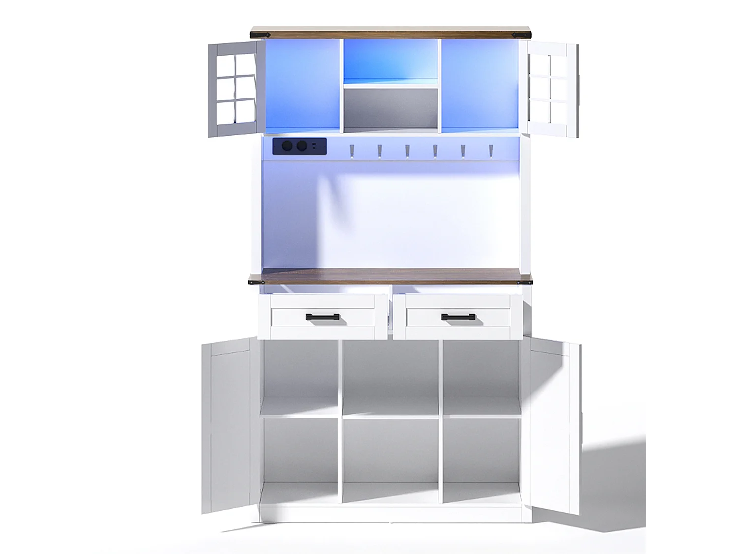 Buffet-bar avec LED et prises – Grand meuble de cuisine avec 2 tiroirs, portes style grange, étagères réglables – Bar rustique blanc