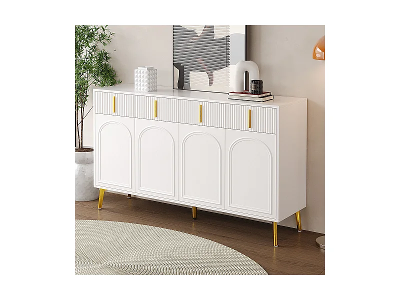Credenza 140 x 37,8 x 82 cm – 4 ante, 4 cassetti con laminato estraibile – Maniglie e gambe dorate – Mobile per soggiorno e sala da pranzo