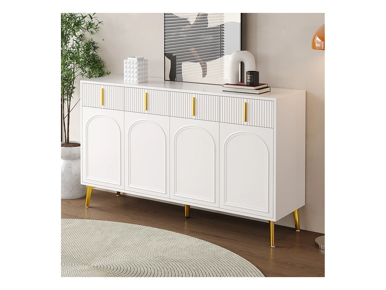 Buffet 140 x 37,8 x 82 cm – 4 portes, 4 tiroirs avec stratifié amovible – Poignées et pieds dorés – Meuble pour salon et salle à manger