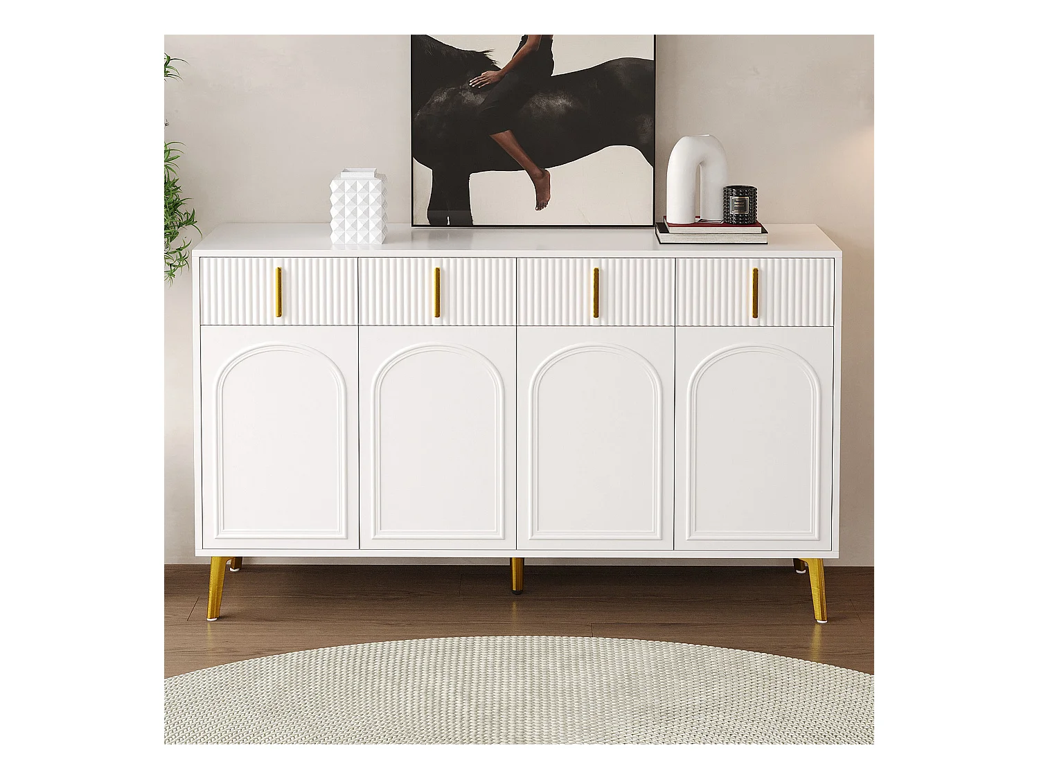 Buffet 140 x 37,8 x 82 cm – 4 portes, 4 tiroirs avec stratifié amovible – Poignées et pieds dorés – Meuble pour salon et salle à manger