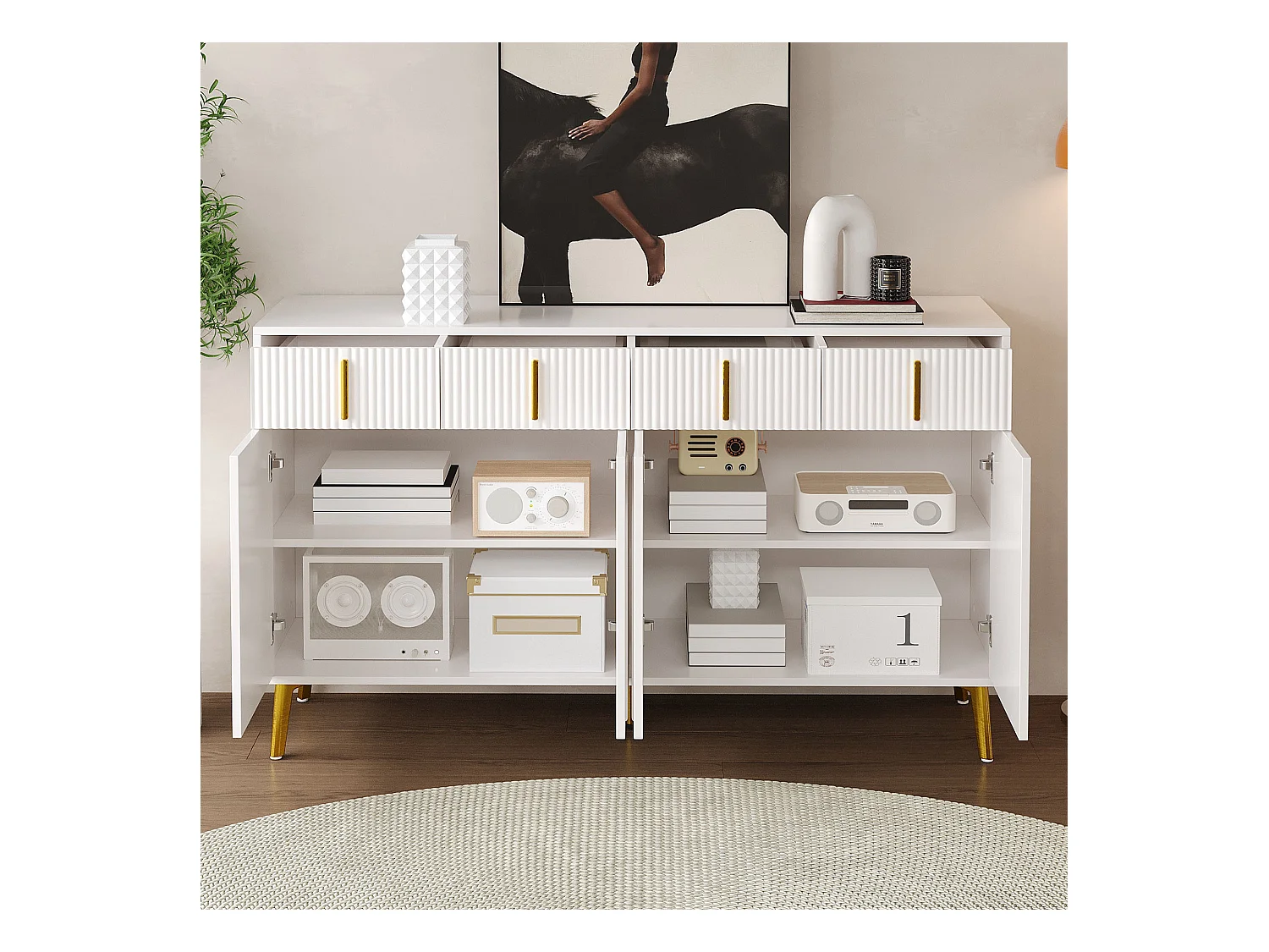 Buffet 140 x 37,8 x 82 cm – 4 portes, 4 tiroirs avec stratifié amovible – Poignées et pieds dorés – Meuble pour salon et salle à manger