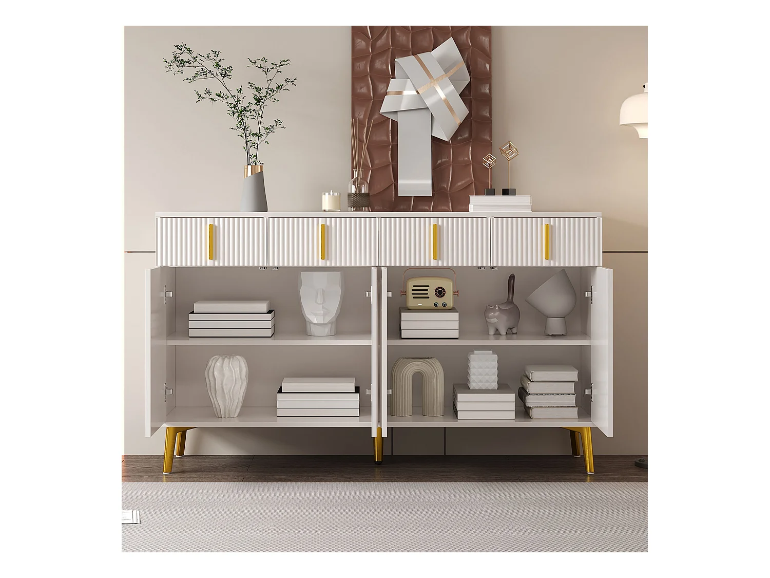 Buffet 140 x 37,8 x 82 cm – 4 portes, 4 tiroirs avec stratifié amovible – Poignées et pieds dorés – Meuble pour salon et salle à manger