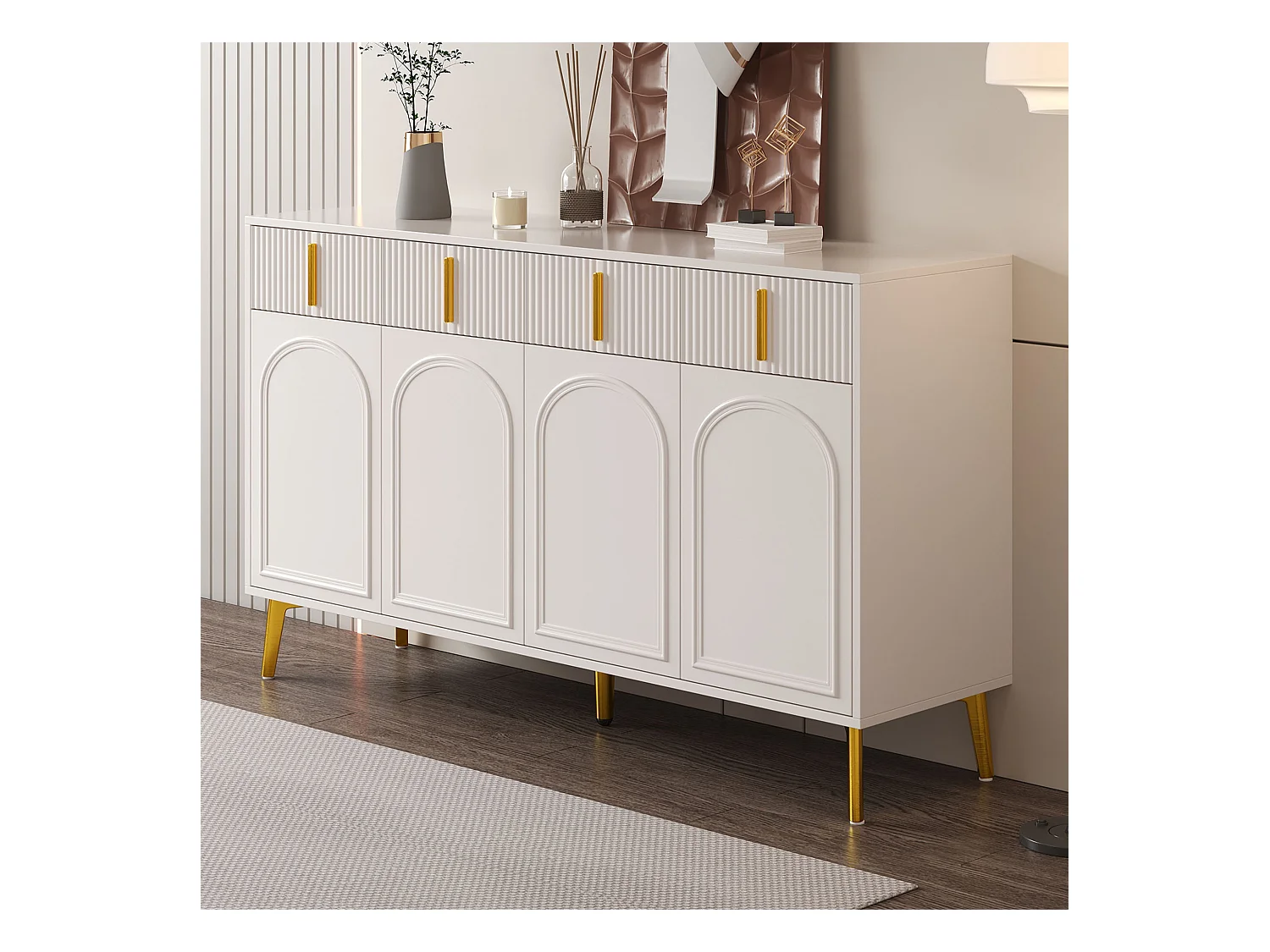 Buffet 140 x 37,8 x 82 cm – 4 portes, 4 tiroirs avec stratifié amovible – Poignées et pieds dorés – Meuble pour salon et salle à manger