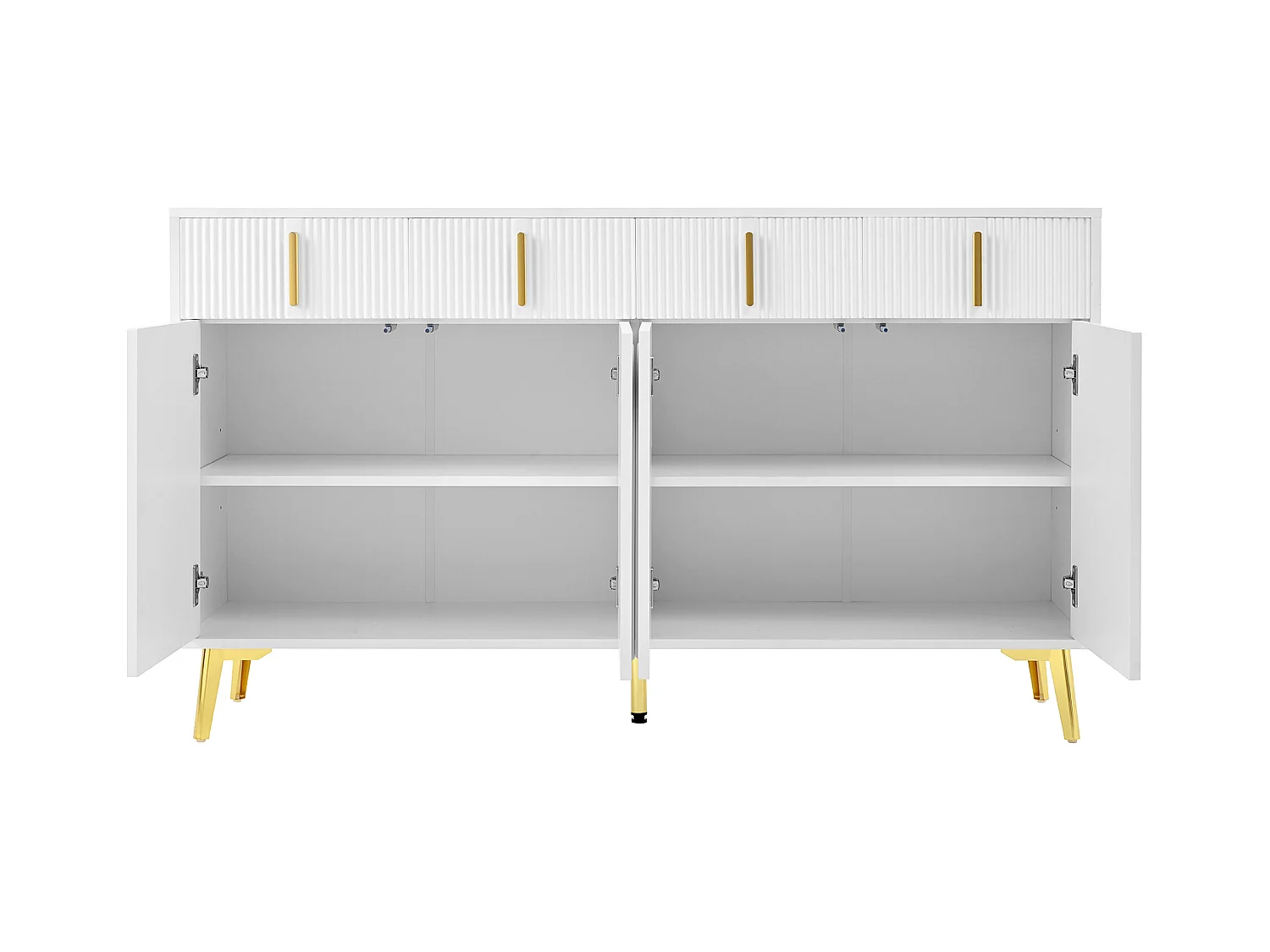 Buffet 140 x 37,8 x 82 cm – 4 portes, 4 tiroirs avec stratifié amovible – Poignées et pieds dorés – Meuble pour salon et salle à manger