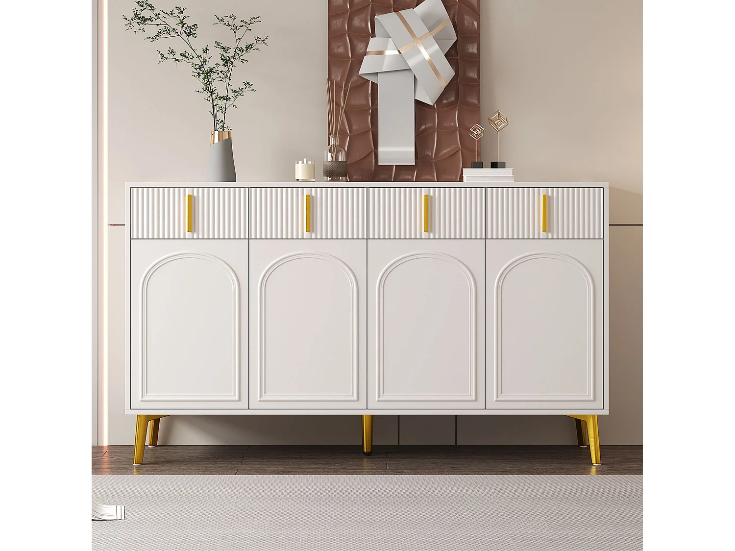 Aparador 140 x 37,8 x 82 cm – 4 puertas, 4 cajones con laminado extraíble – Tiradores y patas dorados – Mueble para salón y comedor