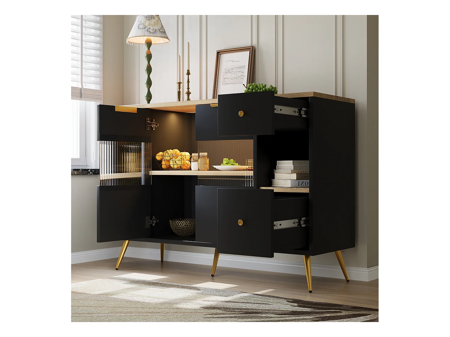 Buffet noir pour salle à manger et salon – Portes coulissantes en verre avec éclairage LED, buffet en bois autoportant, élégant et pratique
