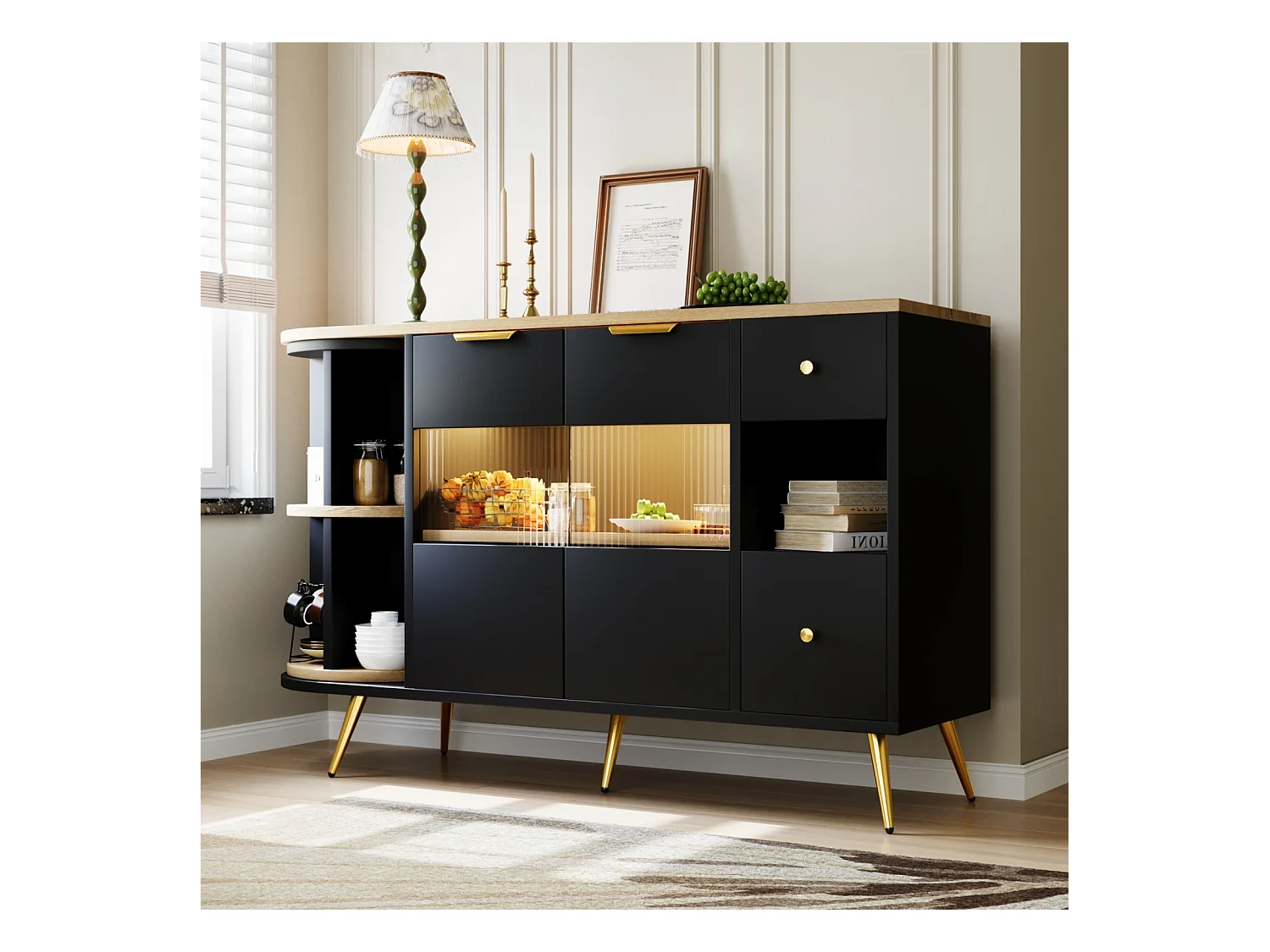 Buffet noir pour salle à manger et salon – Portes coulissantes en verre avec éclairage LED, buffet en bois autoportant, élégant et pratique