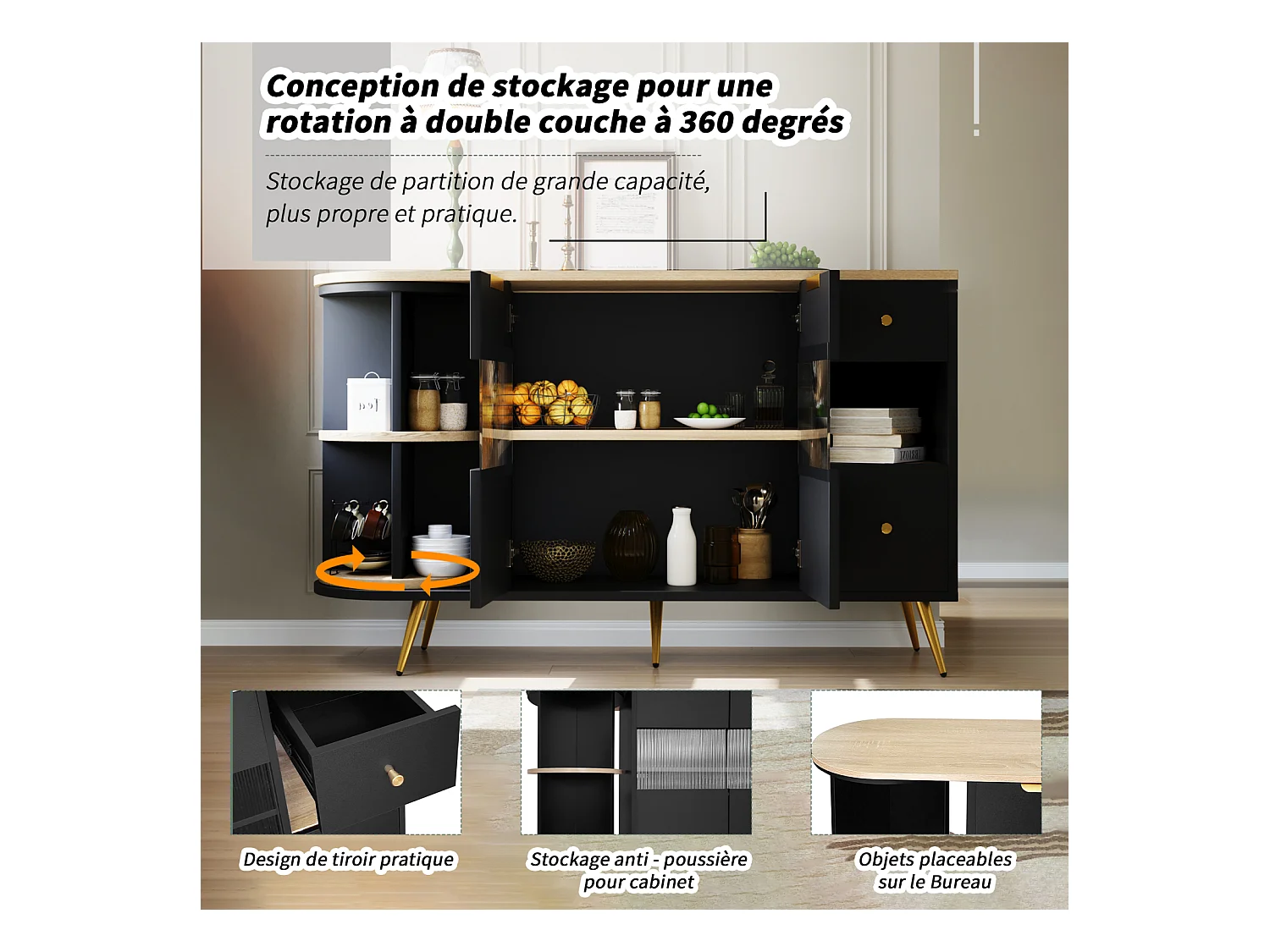 Buffet noir pour salle à manger et salon – Portes coulissantes en verre avec éclairage LED, buffet en bois autoportant, élégant et pratique