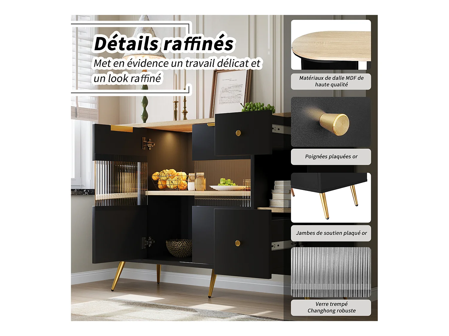 Buffet noir pour salle à manger et salon – Portes coulissantes en verre avec éclairage LED, buffet en bois autoportant, élégant et pratique