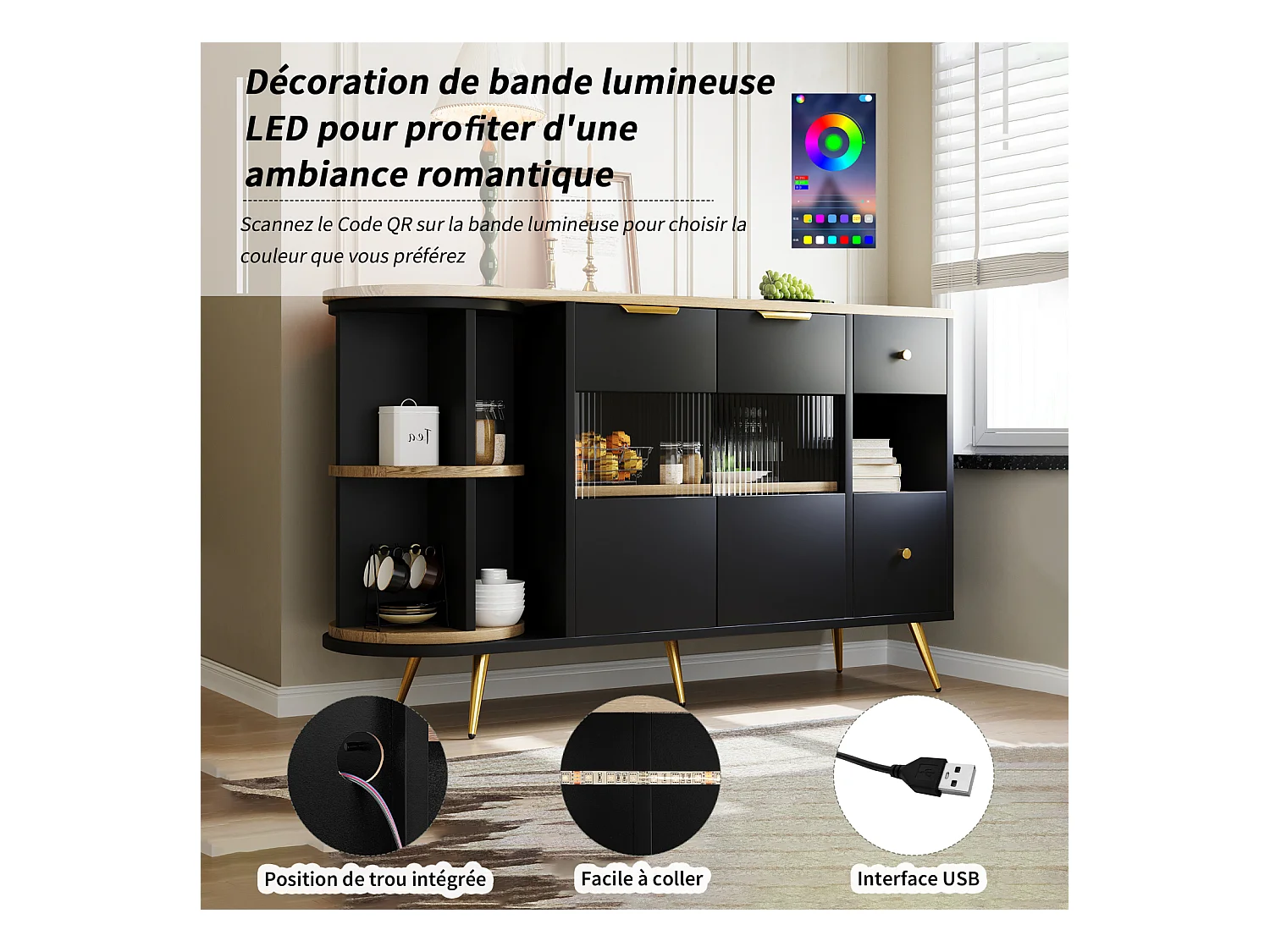 Buffet noir pour salle à manger et salon – Portes coulissantes en verre avec éclairage LED, buffet en bois autoportant, élégant et pratique