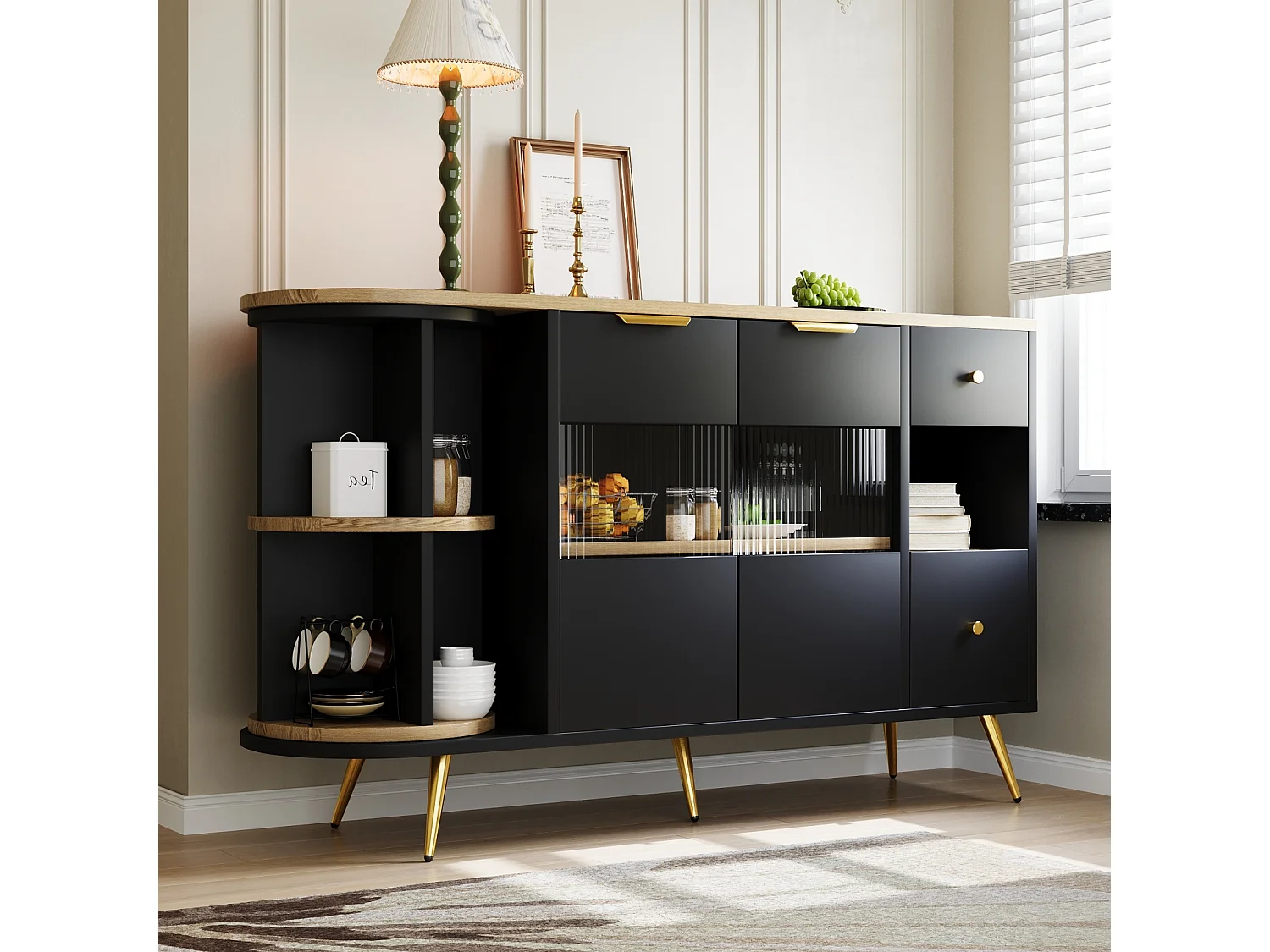 Buffet noir pour salle à manger et salon – Portes coulissantes en verre avec éclairage LED, buffet en bois autoportant, élégant et pratique