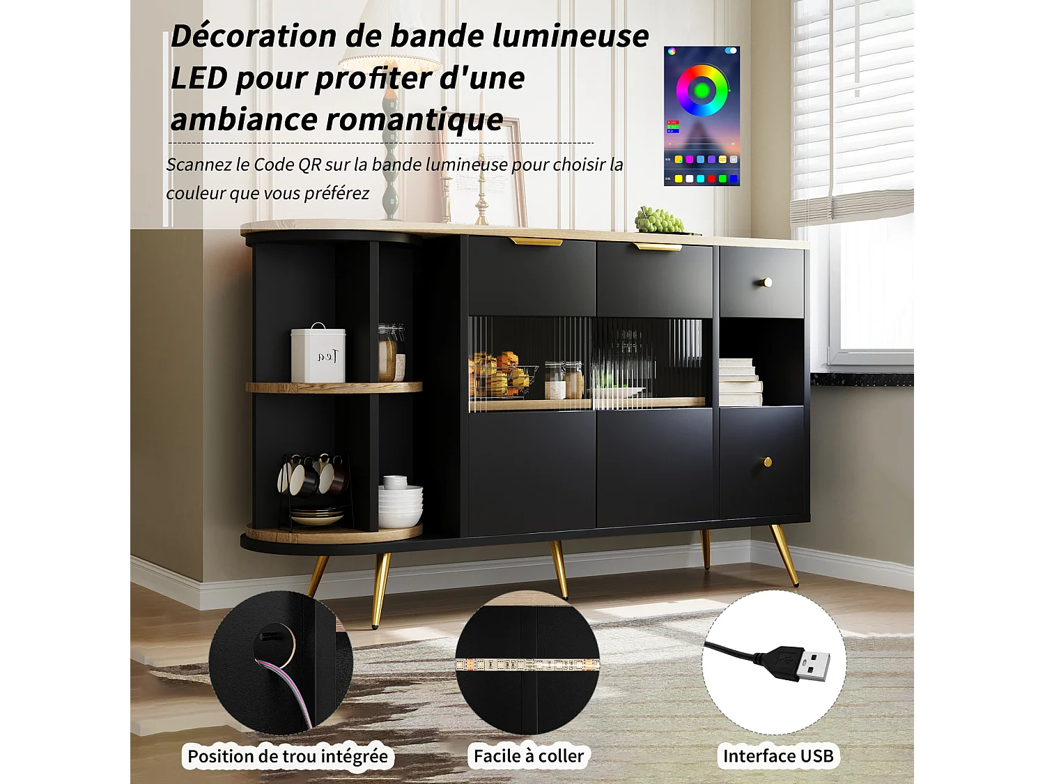 Buffet noir pour salle à manger et salon – Portes coulissantes en verre avec éclairage LED, buffet en bois autoportant, élégant et pratique