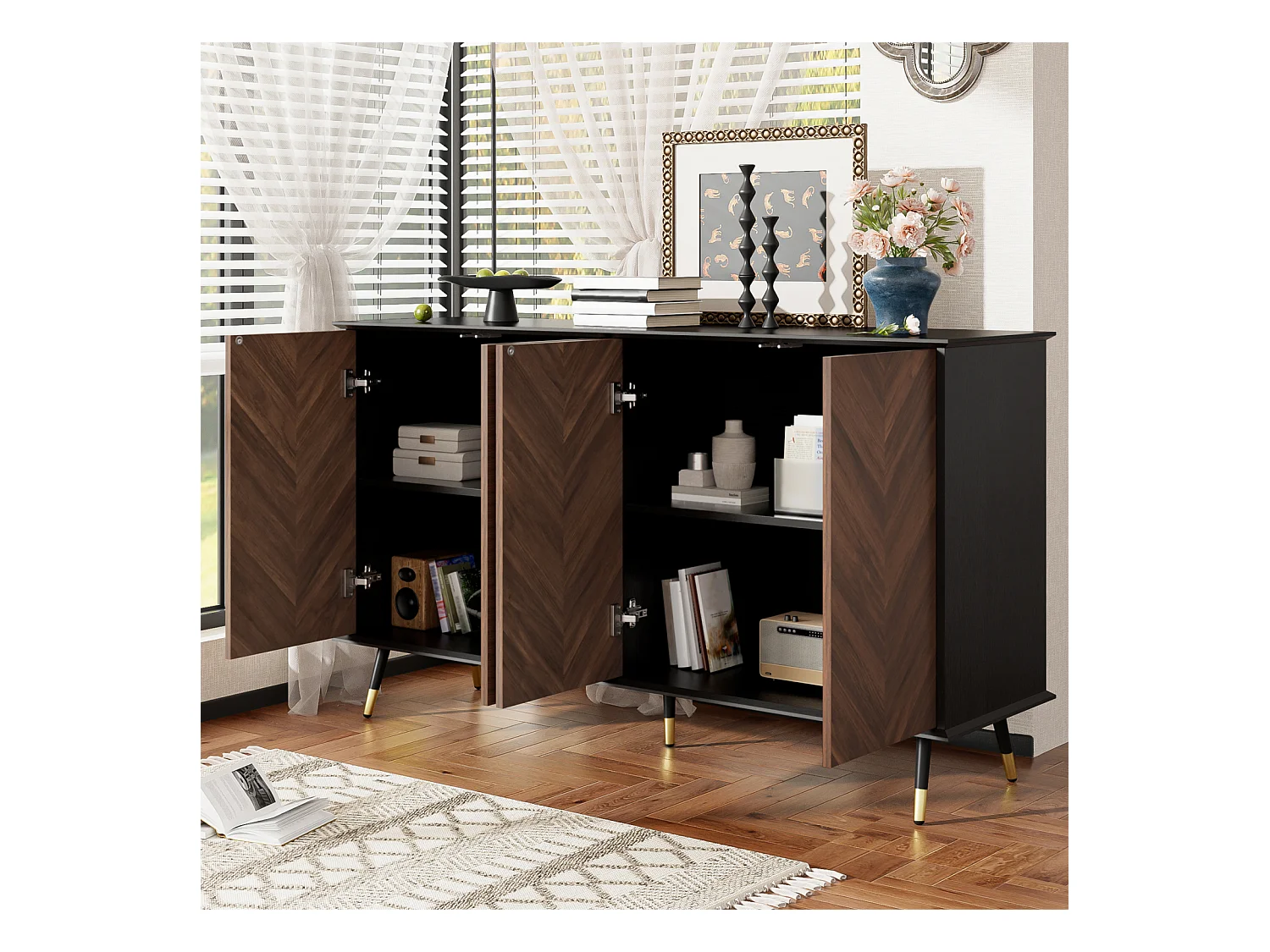 Buffet moderne avec 4 portes et étagères réglables – MDF avec pieds en métal – Meuble de rangement pour salon, couloir et salle à manger