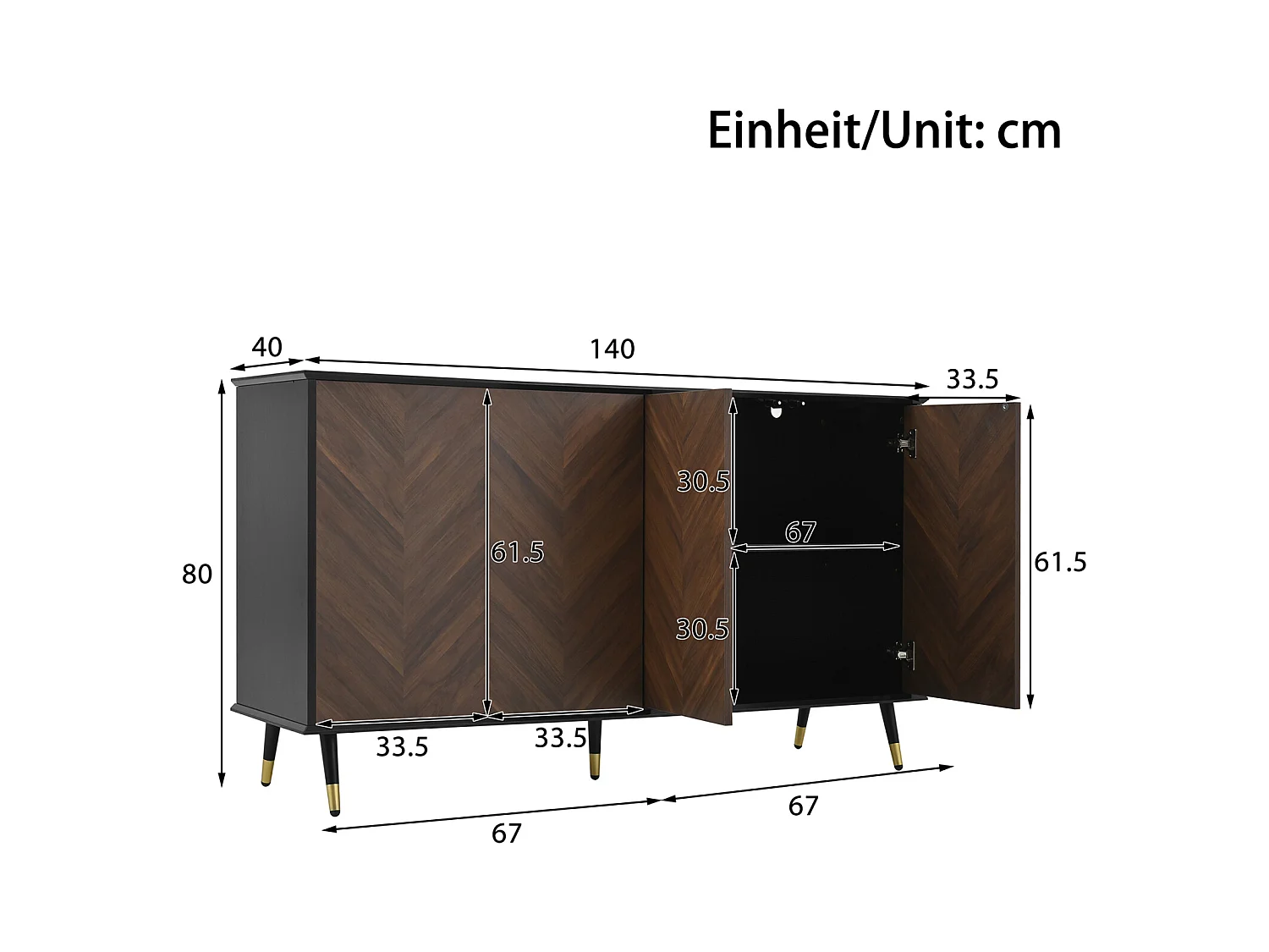 Buffet moderne avec 4 portes et étagères réglables – MDF avec pieds en métal – Meuble de rangement pour salon, couloir et salle à manger