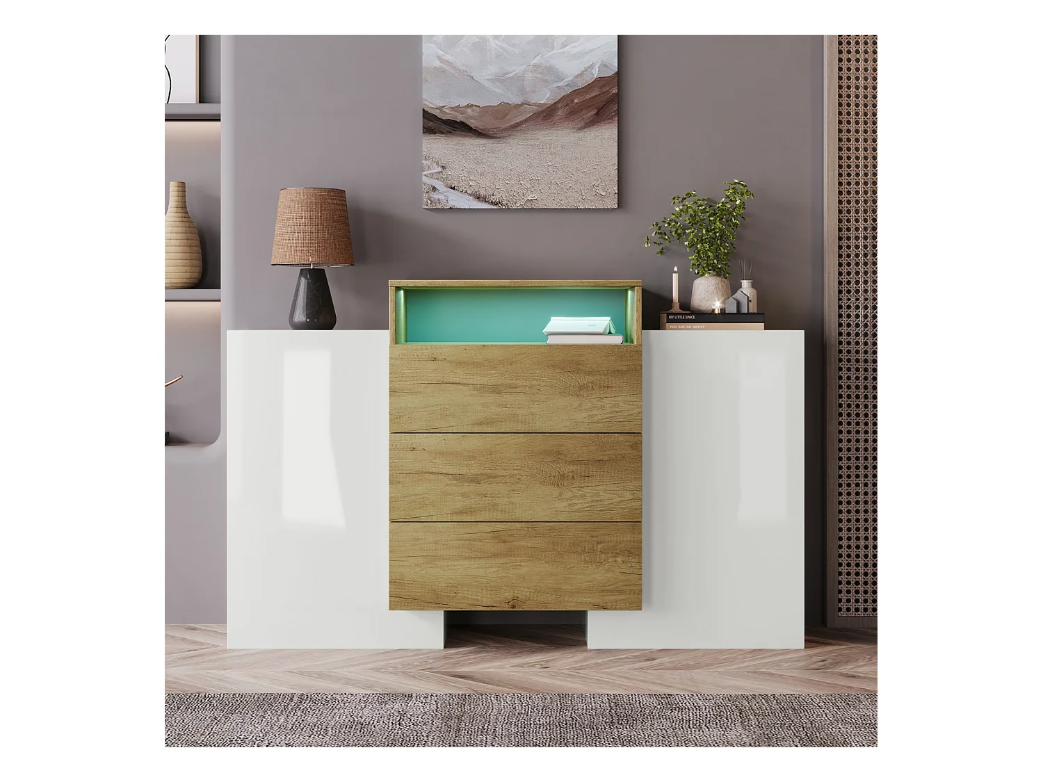 Buffet moderne 140 cm, blanc brillant et bois, effets LED multicolores, design élégant, armoire de rangement pratique, surface brillante