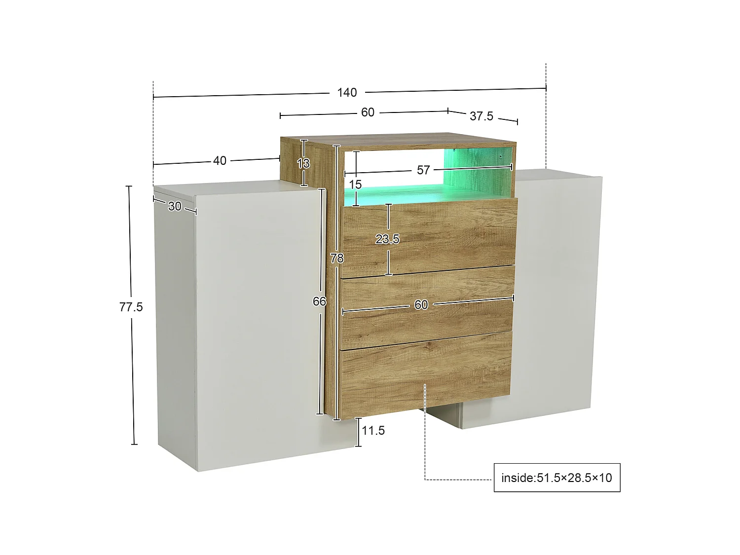 Buffet moderne 140 cm, blanc brillant et bois, effets LED multicolores, design élégant, armoire de rangement pratique, surface brillante