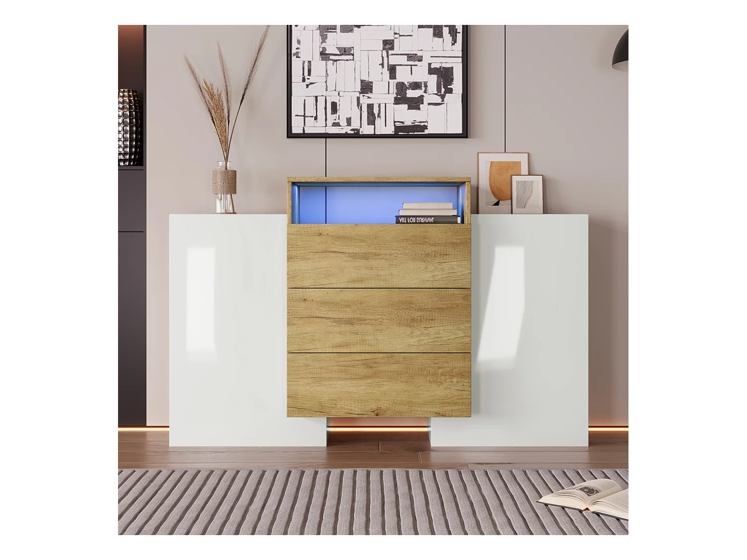 Buffet moderne 140 cm, blanc brillant et bois, effets LED multicolores, design élégant, armoire de rangement pratique, surface brillante