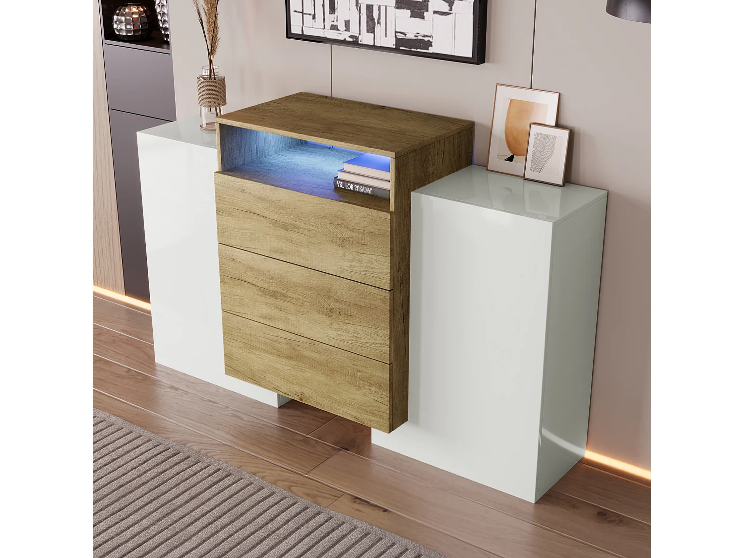 Aparador moderno de 140 cm, blanco brillo y madera, efectos LED multicolor, diseño elegante, práctico mueble de almacenaje, superficie brillante.