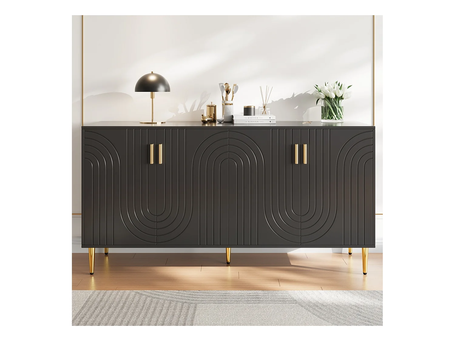 Buffet noir 152x40x75 cm, design ondulé, poignées et pieds dorés, style élégant, idéal salle à manger et salon