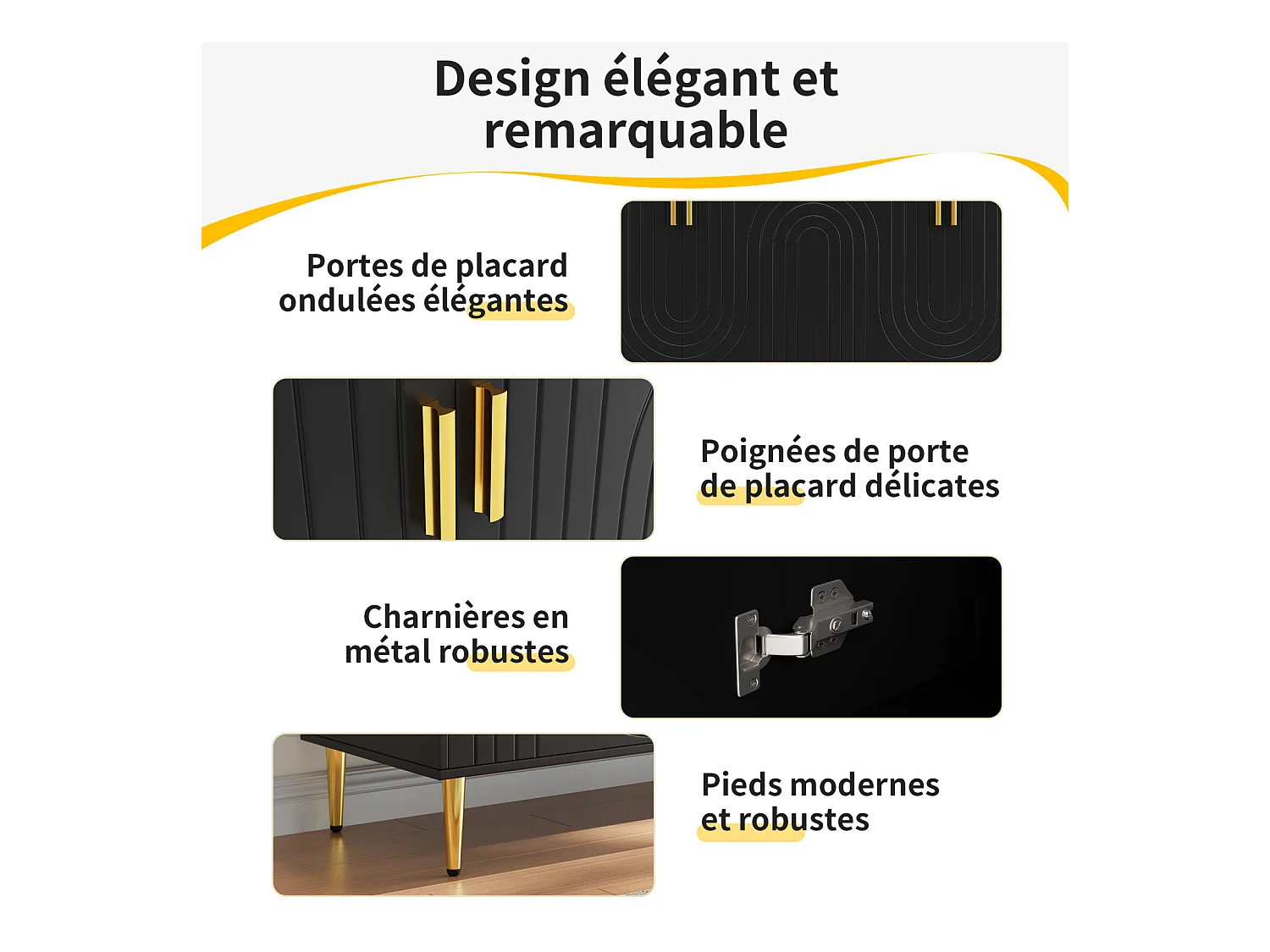 Buffet noir 152x40x75 cm, design ondulé, poignées et pieds dorés, style élégant, idéal salle à manger et salon