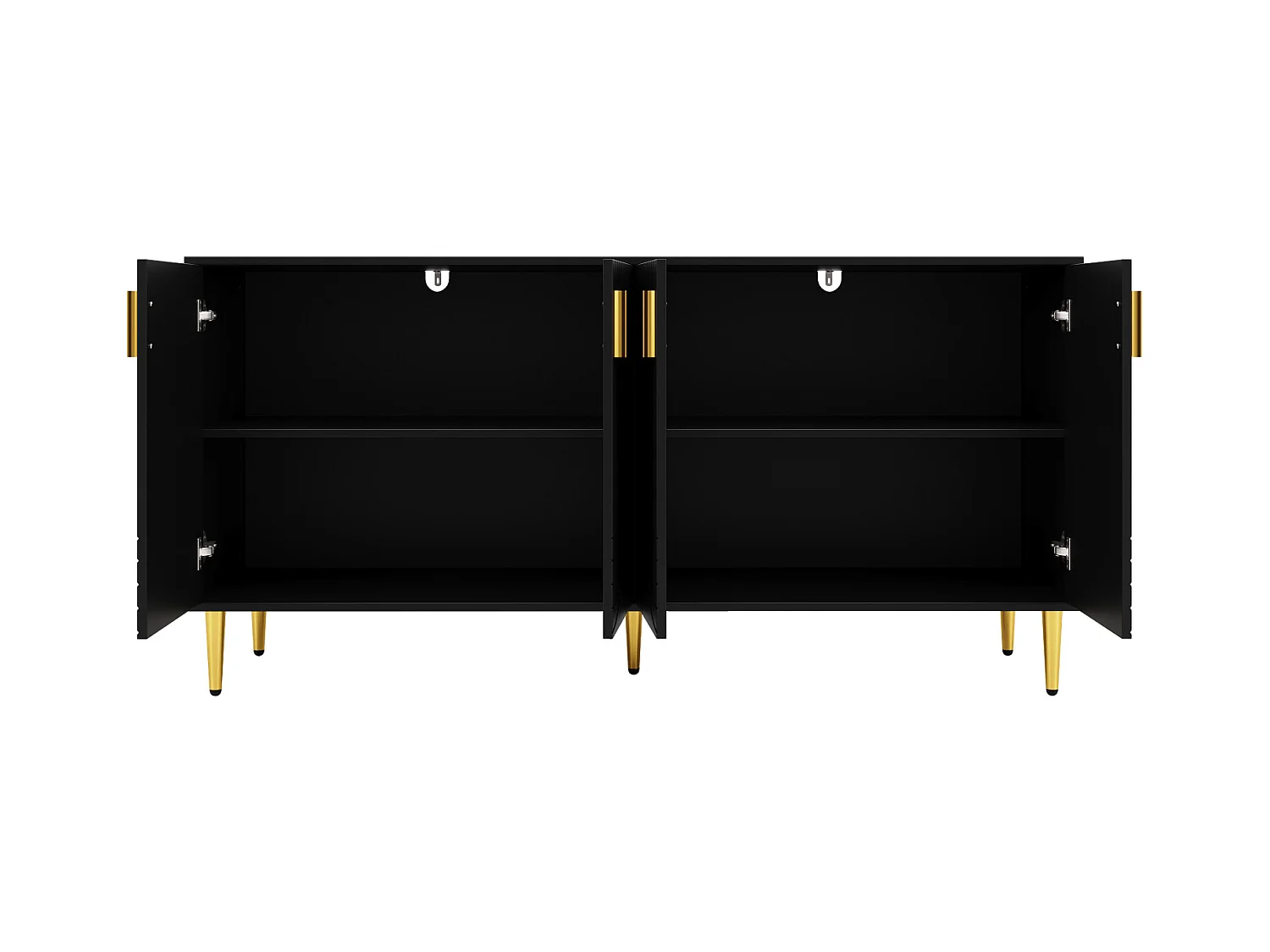 Buffet noir 152x40x75 cm, design ondulé, poignées et pieds dorés, style élégant, idéal salle à manger et salon