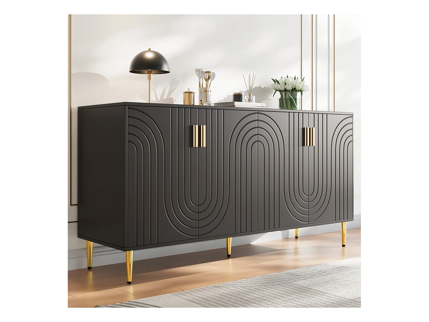 Zwarte dressoir 152x40x75 cm, golvend design, gouden handgrepen en poten, elegante stijl, ideaal voor eetkamer en woonkamer