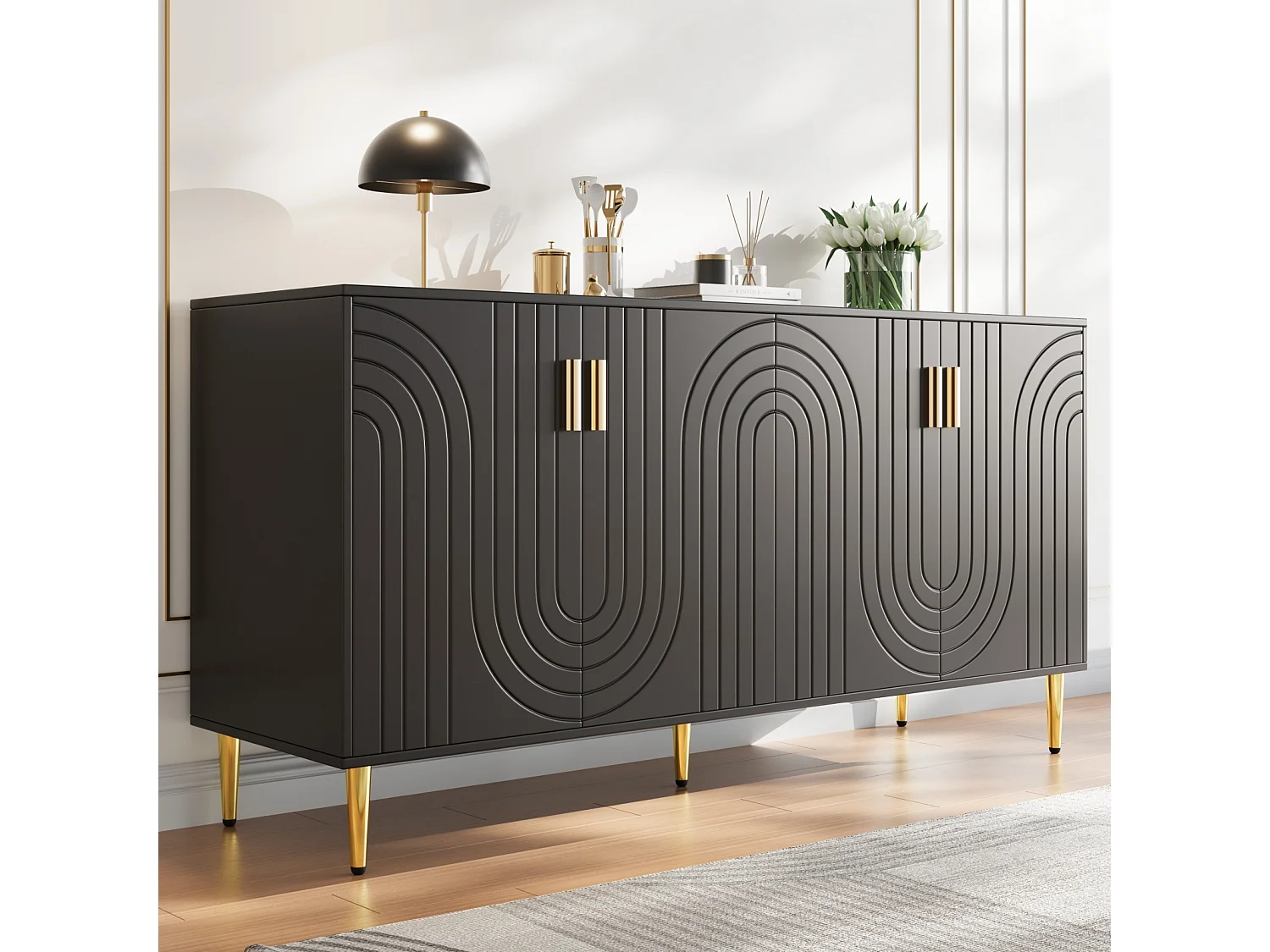 Aparador preto 152x40x75 cm, design ondulado, puxadores e pés dourados, estilo elegante, ideal para sala de jantar e sala de estar