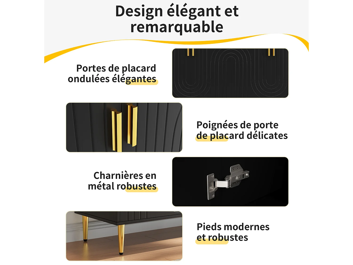 Aparador preto 152x40x75 cm, design ondulado, puxadores e pés dourados, estilo elegante, ideal para sala de jantar e sala de estar
