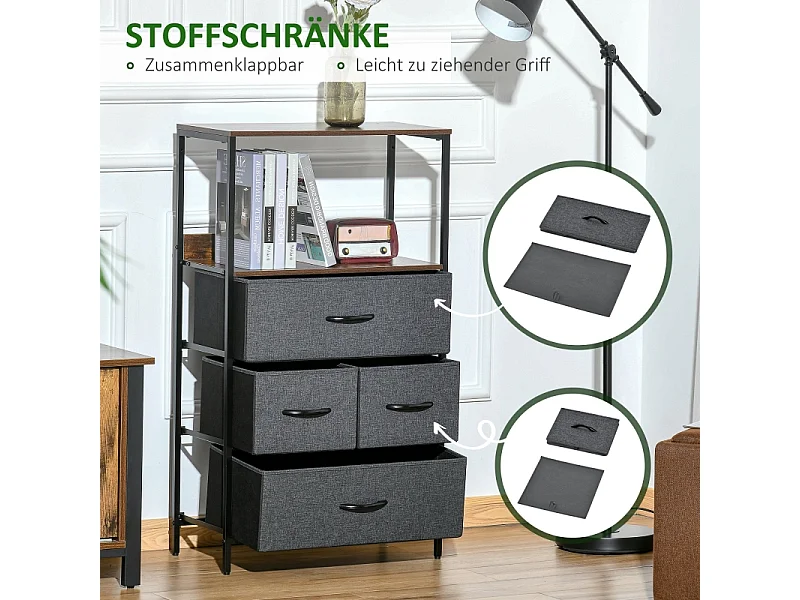 Commode moderne 4 tiroirs en lin avec poignées et étagère – Meuble de rangement pratique pour chambre et salon, noir