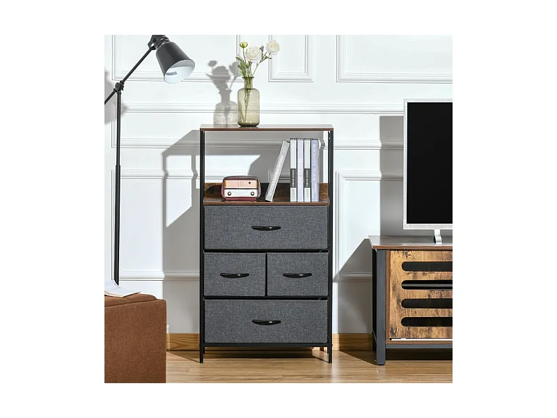 Commode moderne 4 tiroirs en lin avec poignées et étagère – Meuble de rangement pratique pour chambre et salon, noir