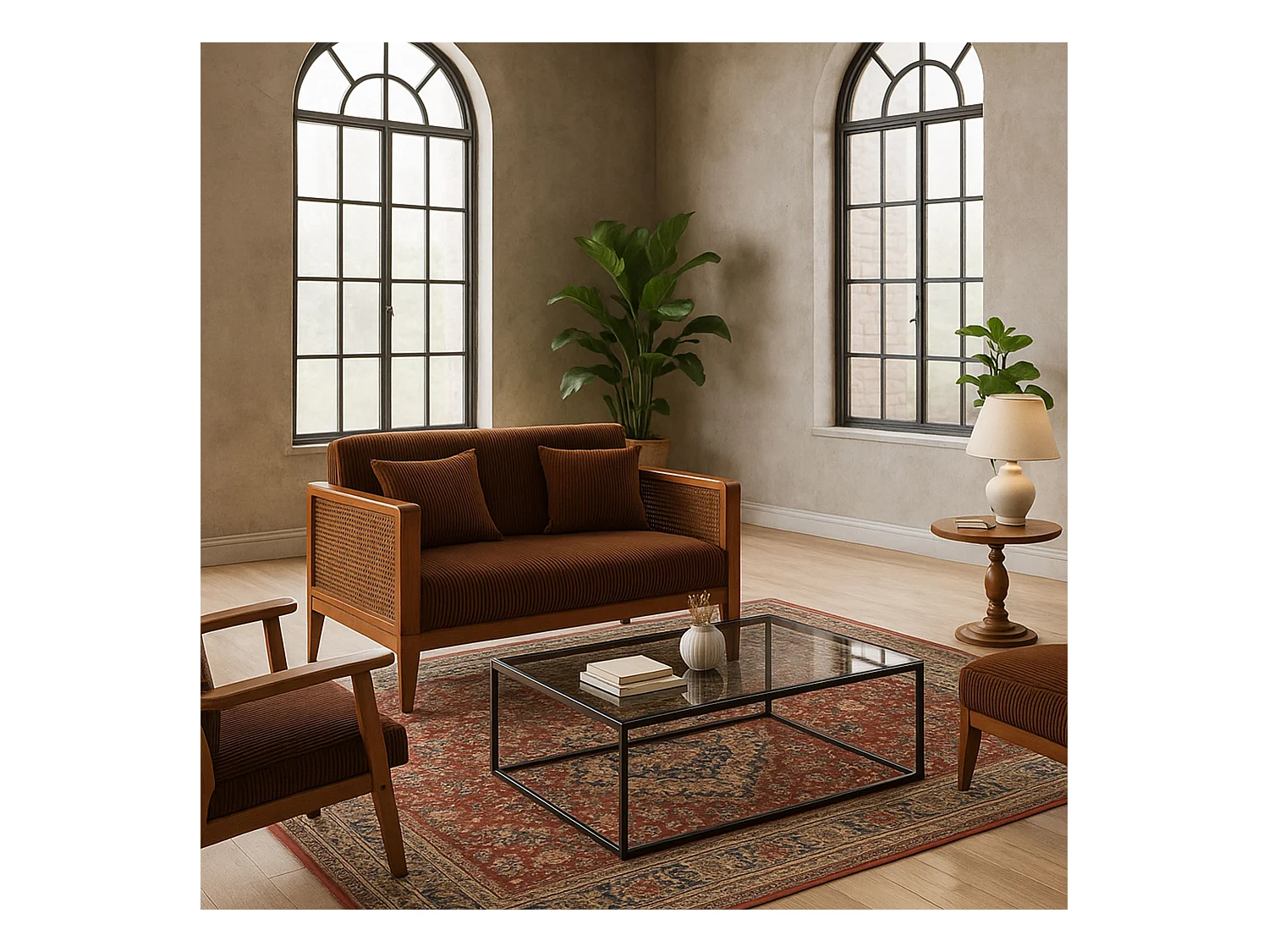 Boca Duo - Divano 2 Posti 143x80x84,5 cm Divanetto in Legno Massello Noce e Polyrattan con Cuscini Marrone