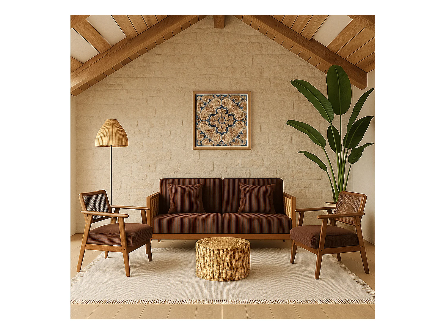 Boca Duo - Divano 2 Posti 143x80x84,5 cm Divanetto in Legno Massello Noce e Polyrattan con Cuscini Marrone