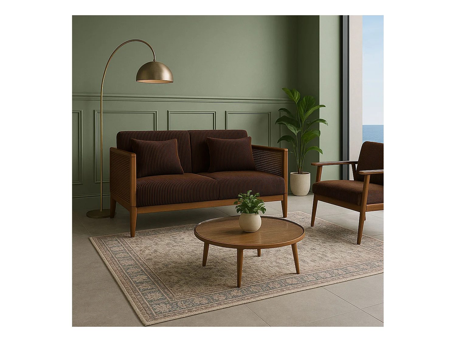 Boca Duo - Divano 2 Posti 143x80x84,5 cm Divanetto in Legno Massello Noce e Polyrattan con Cuscini Marrone