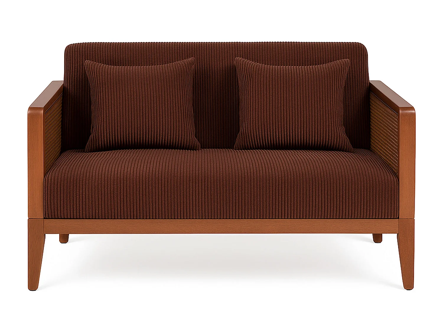 Boca Duo - Sofá 2 Lugares 143x80x84,5 cm Sofá Pequeno em Madeira Maciça Nogueira e Polirratã com Almofadas Castanhas