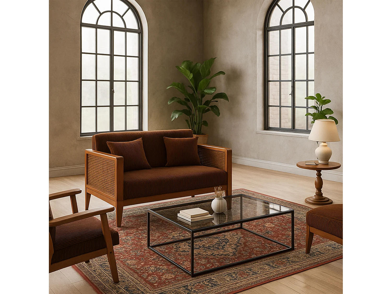 Boca Duo - Sofá 2 Lugares 143x80x84,5 cm Sofá Pequeno em Madeira Maciça Nogueira e Polirratã com Almofadas Castanhas