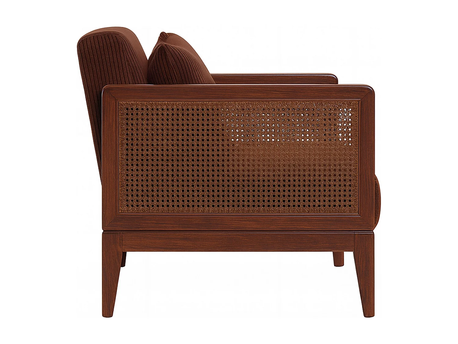 Boca Duo - Sofá 2 Lugares 143x80x84,5 cm Sofá Pequeno em Madeira Maciça Nogueira e Polirratã com Almofadas Castanhas