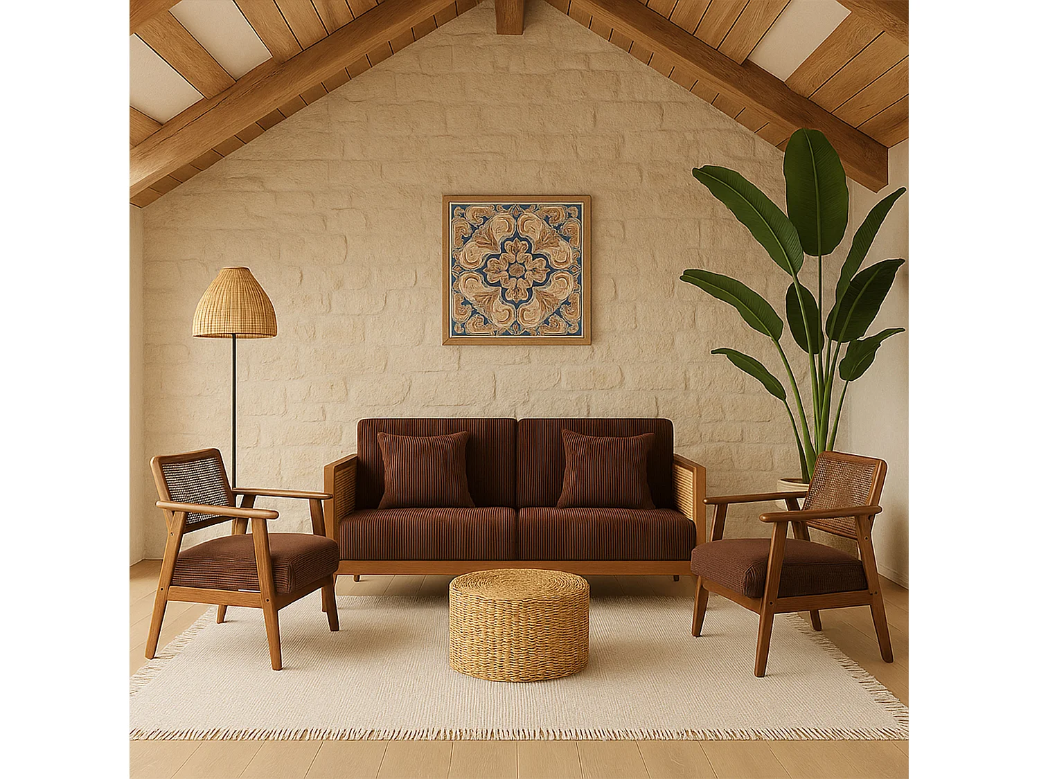 Boca Duo - Sofá 2 Lugares 143x80x84,5 cm Sofá Pequeno em Madeira Maciça Nogueira e Polirratã com Almofadas Castanhas