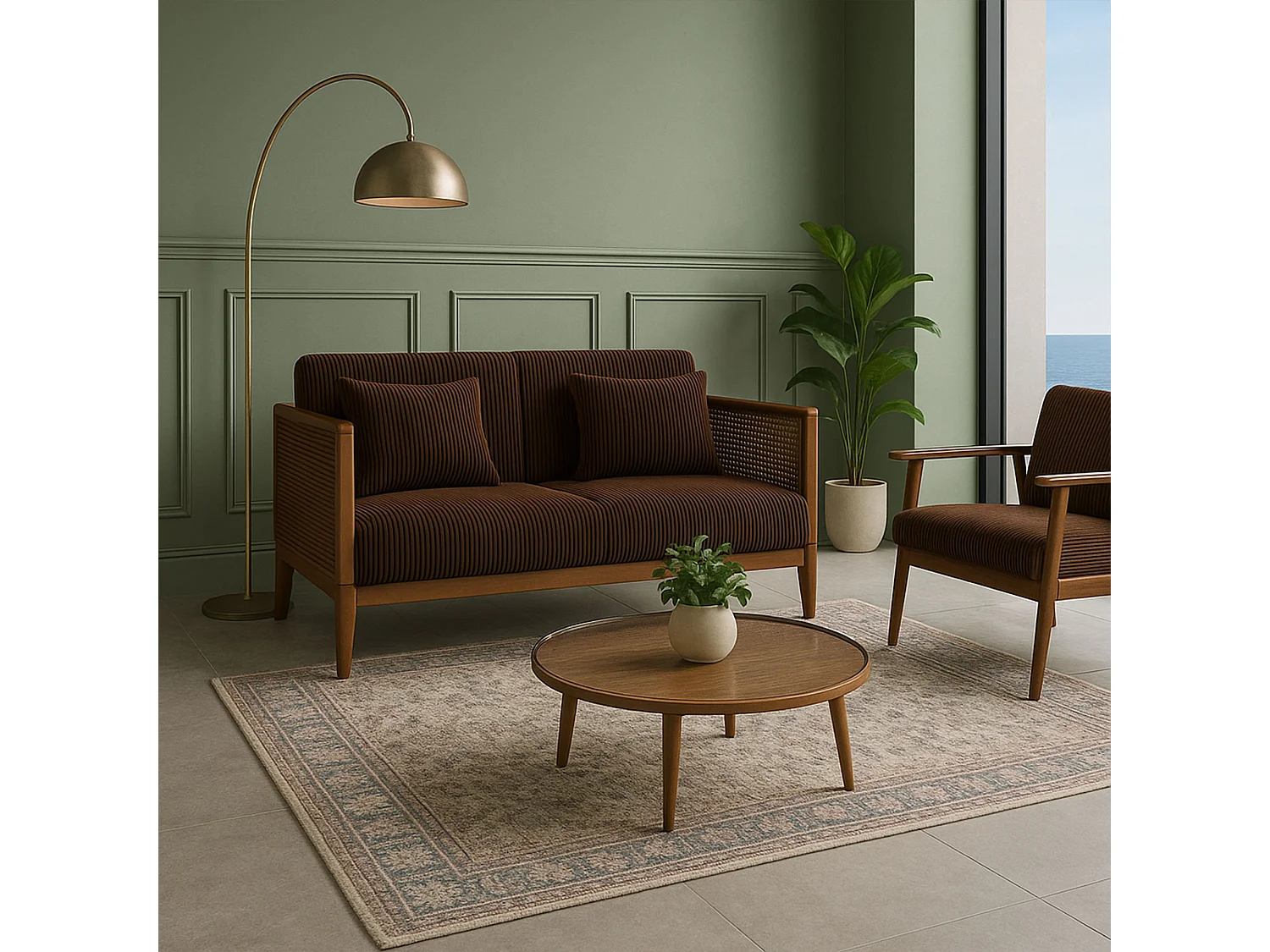 Boca Duo - Sofá 2 Lugares 143x80x84,5 cm Sofá Pequeno em Madeira Maciça Nogueira e Polirratã com Almofadas Castanhas