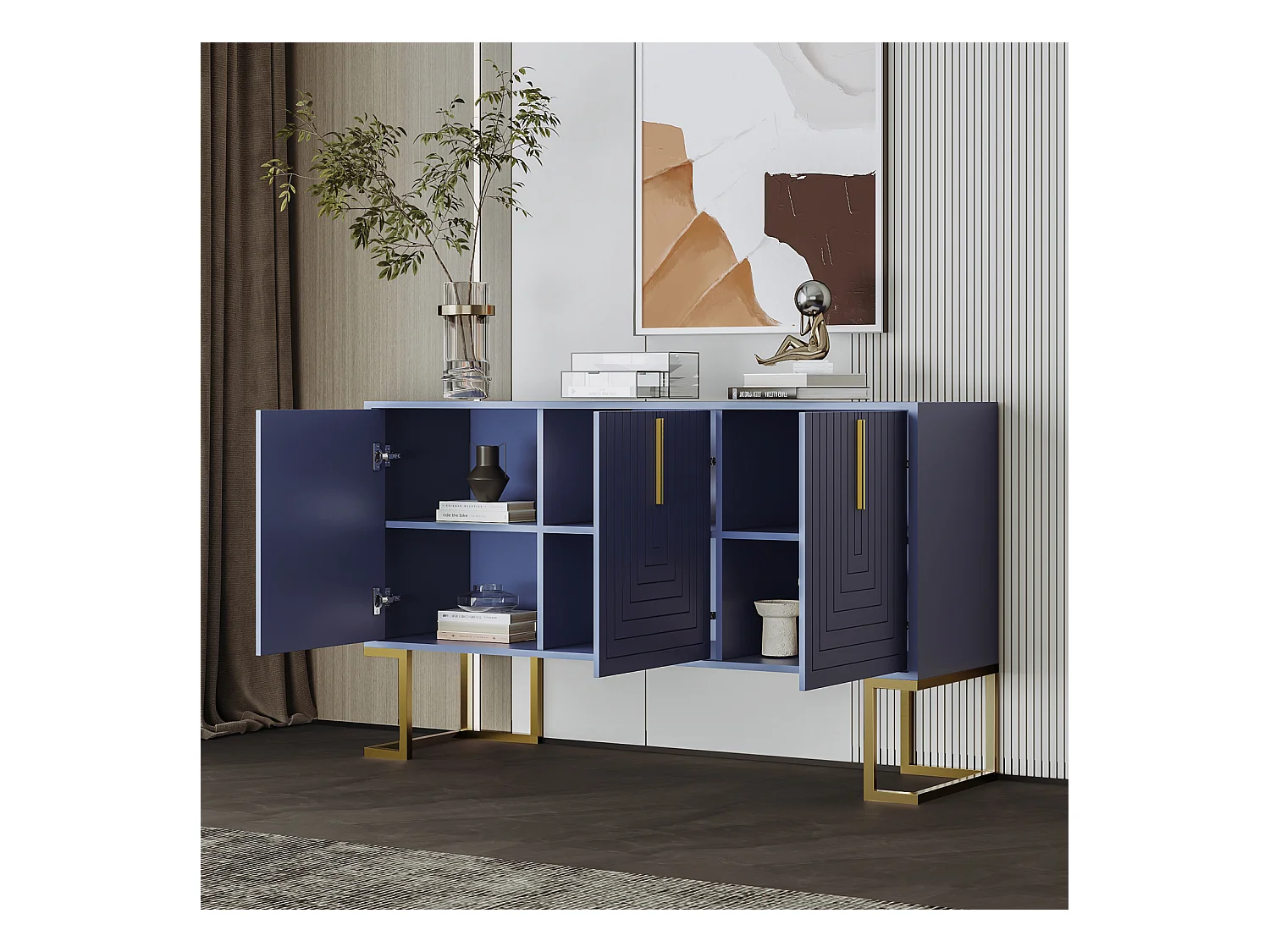 Buffet moderne 3 portes bleu marine – Étagères réglables, portes en U et socle stable, élégant et pratique pour salle à manger ou cuisine