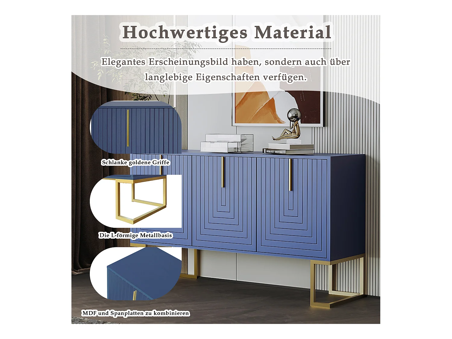 Buffet moderne 3 portes bleu marine – Étagères réglables, portes en U et socle stable, élégant et pratique pour salle à manger ou cuisine